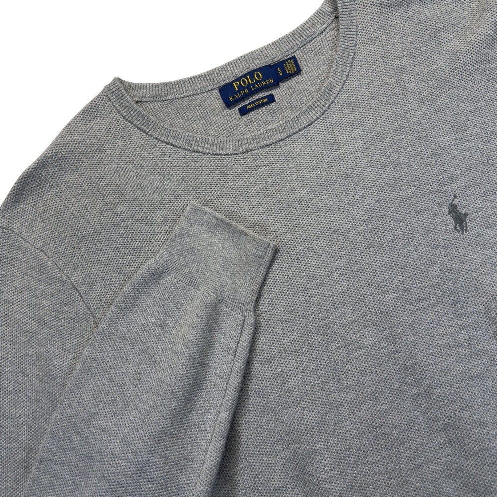 Polo Ralph Lauren Mens L Pima Cotton Waffle Knit Crewneck Sweater Gray Pony